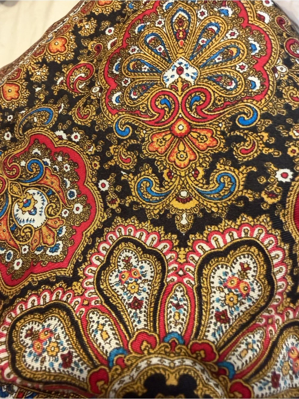 Dior Black Silk Scarf with Gold, Red & Blue Paisley Border